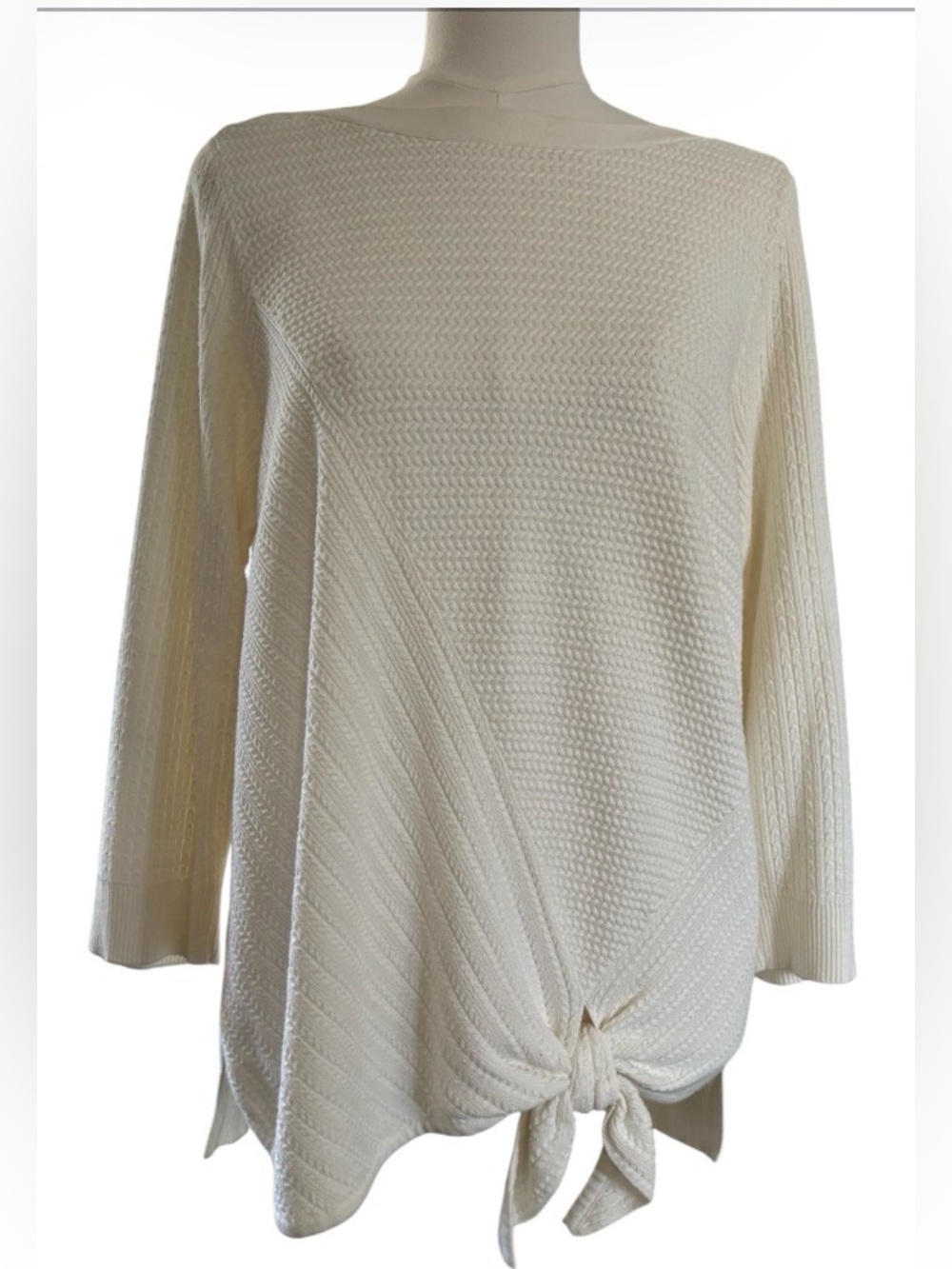 Rafaella Cream Textured Knit Tie-Hem Sweater Top Size Large SKU 23